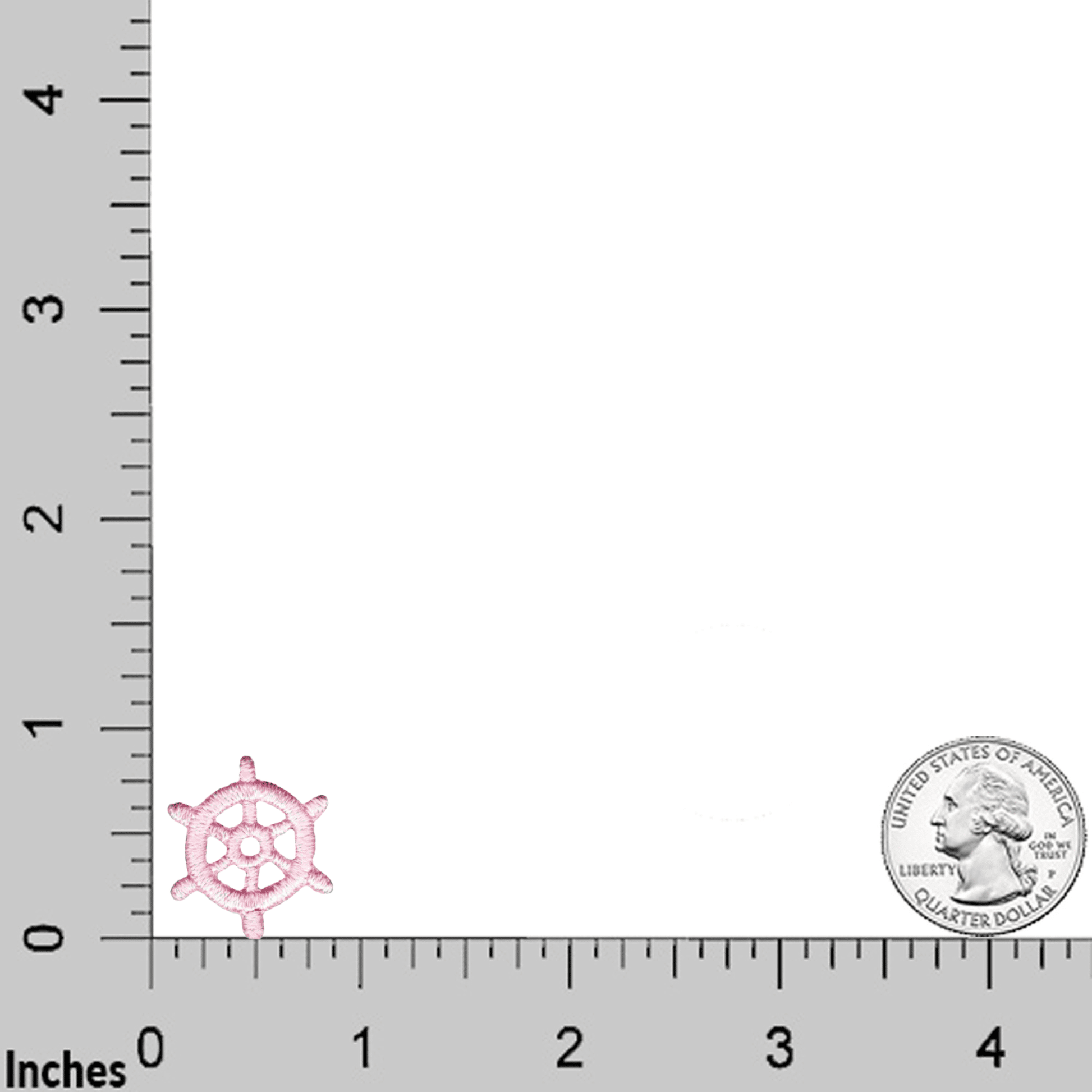 A Laughing Lizards Tiny Nautical Wheel (5-Pack) Iron on Patch in pink is displayed next to a U.S. quarter on a grid with inch markings, showing its size and playful marine theme.