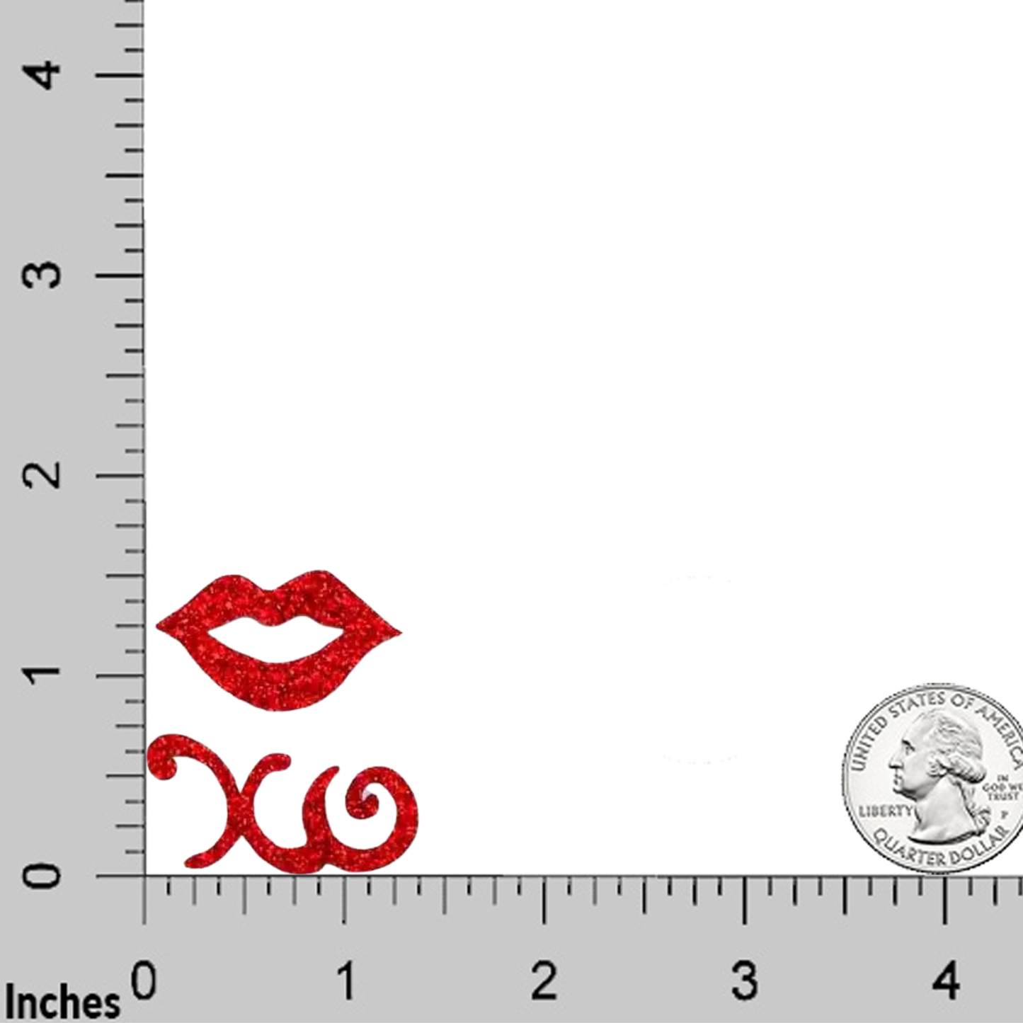 The Laughing Lizards Glitter Lips & "XO" (2-Pack) Iron On Patch set, shown beside a U.S. quarter and inch ruler on a white background, makes perfect red glittery accessories or fabric patches.