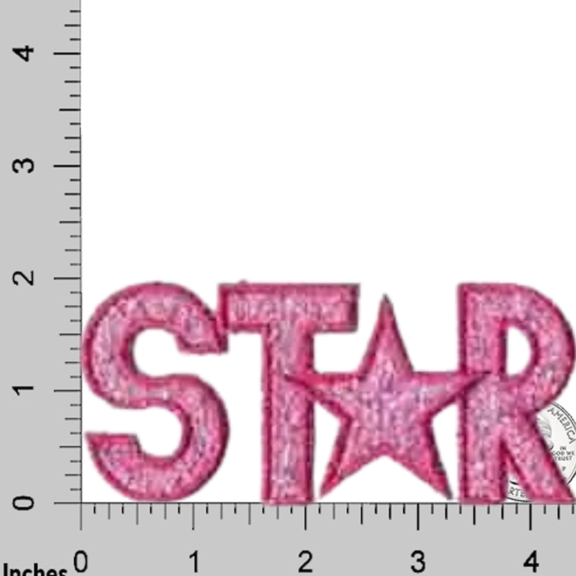 The LaughingLizards Pink Star Sparkle (2-Pack) Iron On Patch features "STAR" in pink, with a star-shaped "A," shown next to an inch ruler—perfect for adding sparkle to your next DIY craft project.