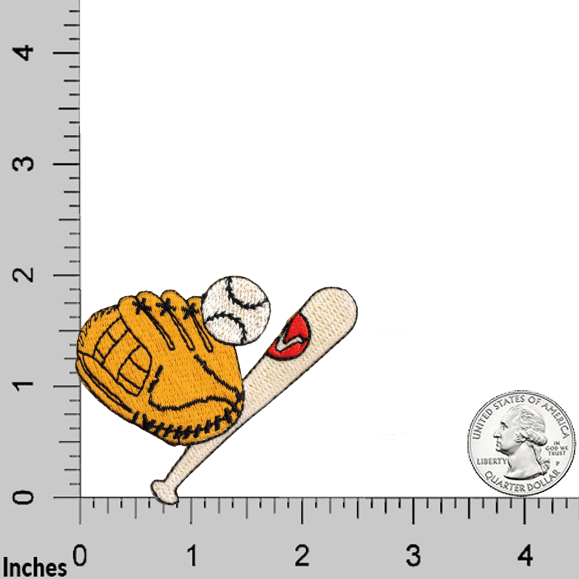 The Laughing Lizards Glove, Ball and Bat Gear (3-Pack) Iron On Sports Patch features a baseball glove, ball, and bat, each measuring about 3" x 2"—perfect for adding sporty flair to your DIY project.