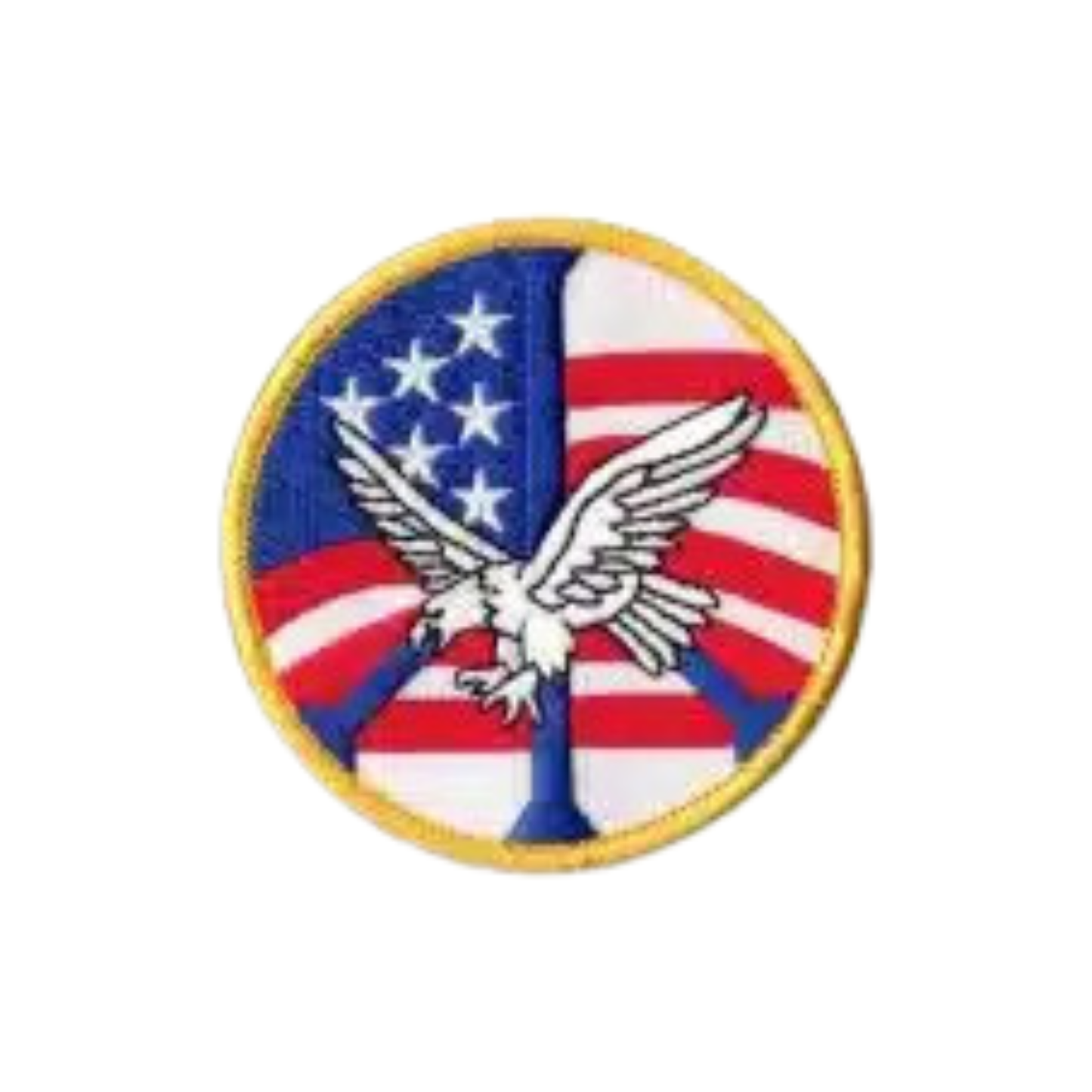 The Laughing Lizards American Flag Peace Sign Eagle (2-Pack) Iron On Patch features a vibrant USA peace symbol with an eagle—ideal for biker jacket patch collections.