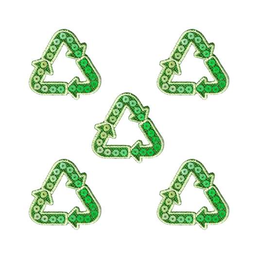 The Laughing Lizards Int'l Recycling Symbol Ecology (5-Pack) Iron On Patch features five green recycling symbols embroidered in a symmetrical pattern on a white background.