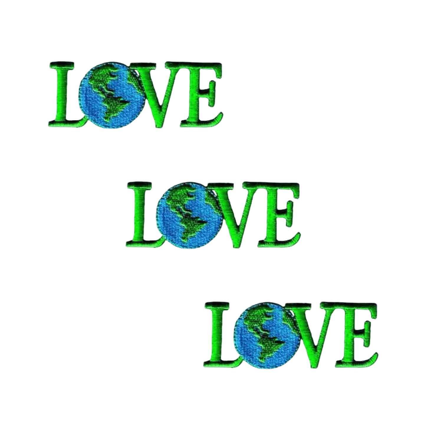 The LOVE Earth (3-Pack) Environmental Iron On Patch by Laughing Lizards features "LOVE" three times, each with the "O" as an Earth illustration—a perfect eco-friendly badge for environmentally conscious individuals.