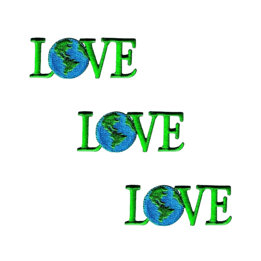 The LOVE Earth (3-Pack) Environmental Iron On Patch by Laughing Lizards features "LOVE" three times, each with the "O" as an Earth illustration—a perfect eco-friendly badge for environmentally conscious individuals.