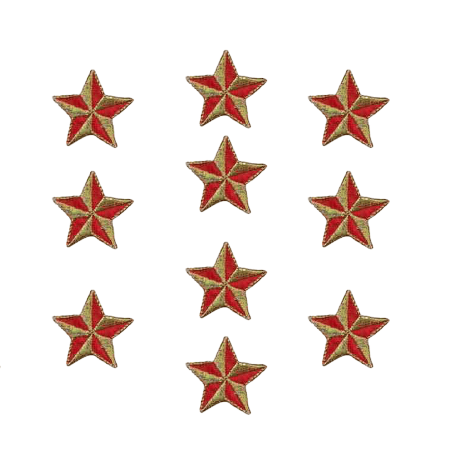 Six red and gold Star Patches (10-Pack) on a white background.