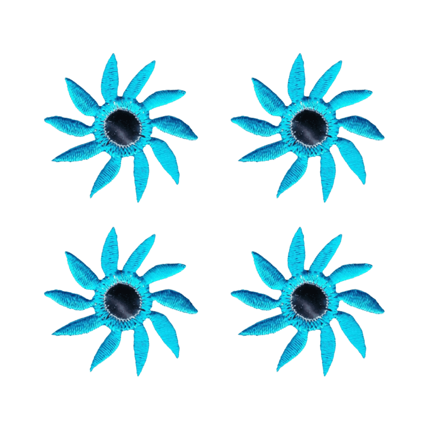 The Laughing Lizards Mirrored Pinwheel Flower (4-Pack) Iron On Patch features four identical blue stylized flowers in a two-by-two grid—ideal for handmade crafts or adding fun decoration to children's clothing.