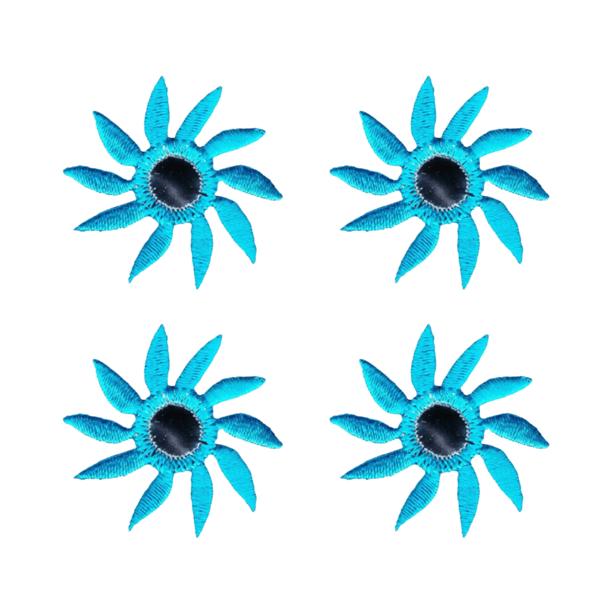 The Laughing Lizards Mirrored Pinwheel Flower (4-Pack) Iron On Patch features four identical blue stylized flowers in a two-by-two grid—ideal for handmade crafts or adding fun decoration to children's clothing.