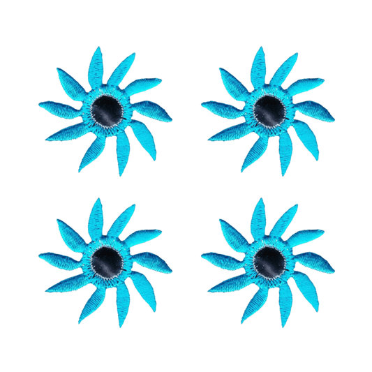 The Laughing Lizards Mirrored Pinwheel Flower (4-Pack) Iron On Patch features four identical blue stylized flowers in a two-by-two grid—ideal for handmade crafts or adding fun decoration to children's clothing.
