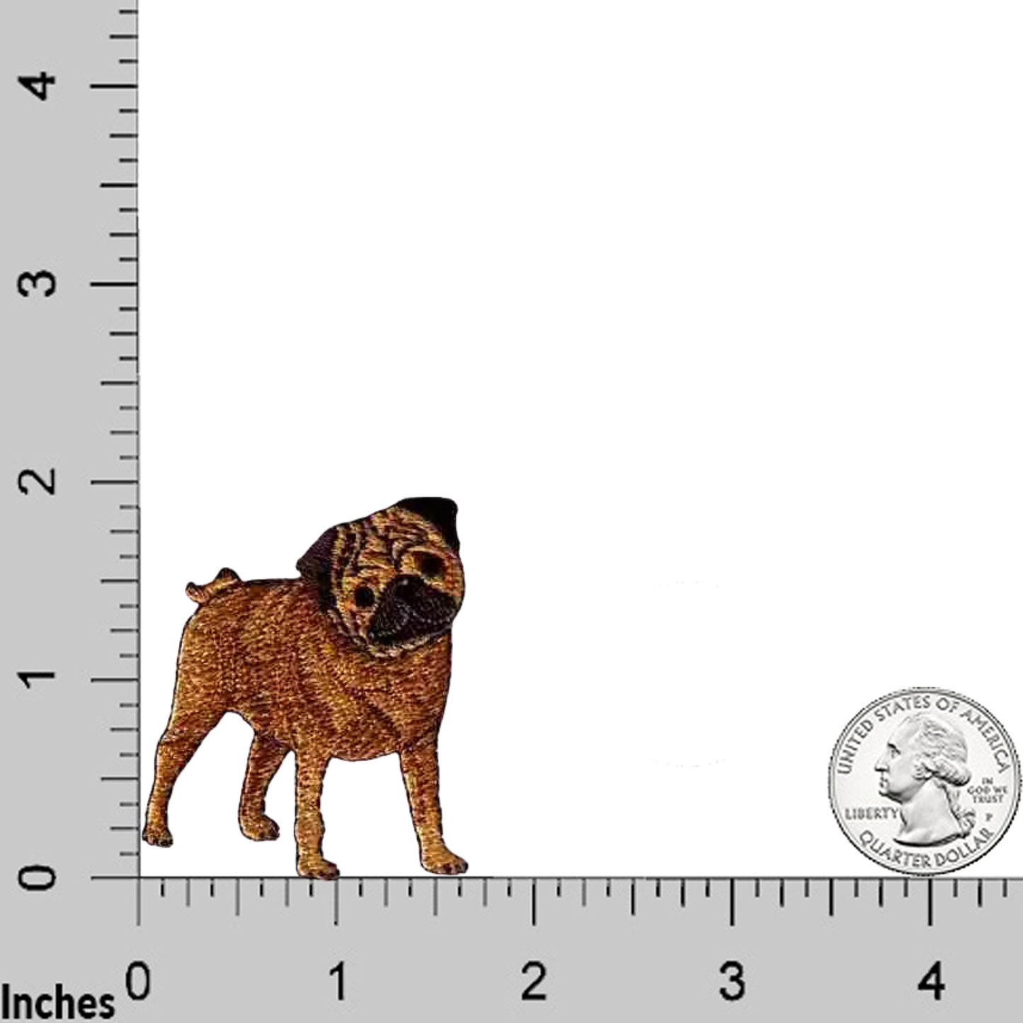 The Laughing Lizards Pug Dog (3 Pack) Iron On Patch is shown next to a U.S. quarter and an inch ruler for size reference, making it perfect as a cute pug applique or decorative patch.