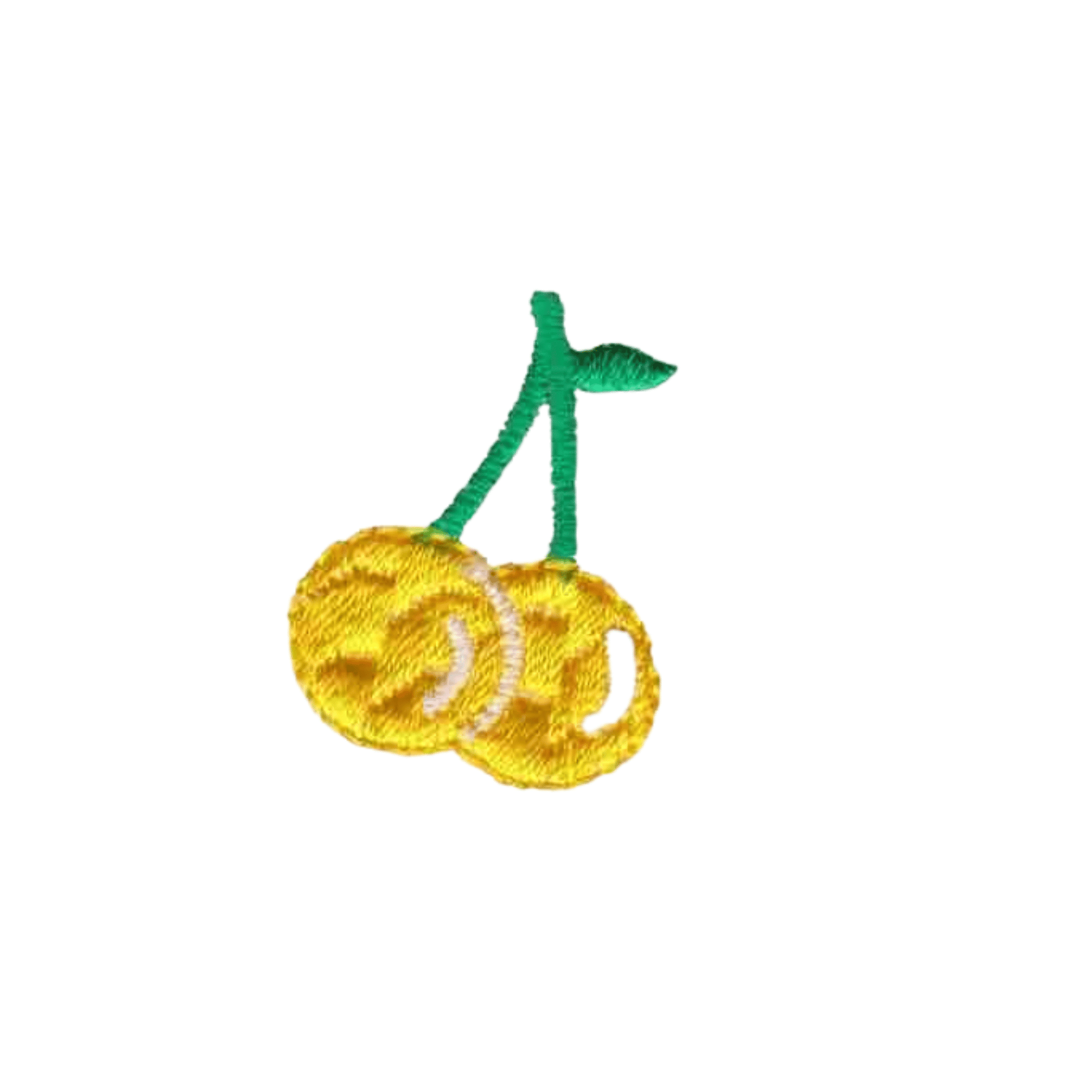 Add a playful vibe to clothes or accessories with Laughing Lizards’ Small Yellow Pastel Cherries Fruit Iron On Patch (5-Pack), featuring two cherries with green stems and a leaf on a white background.