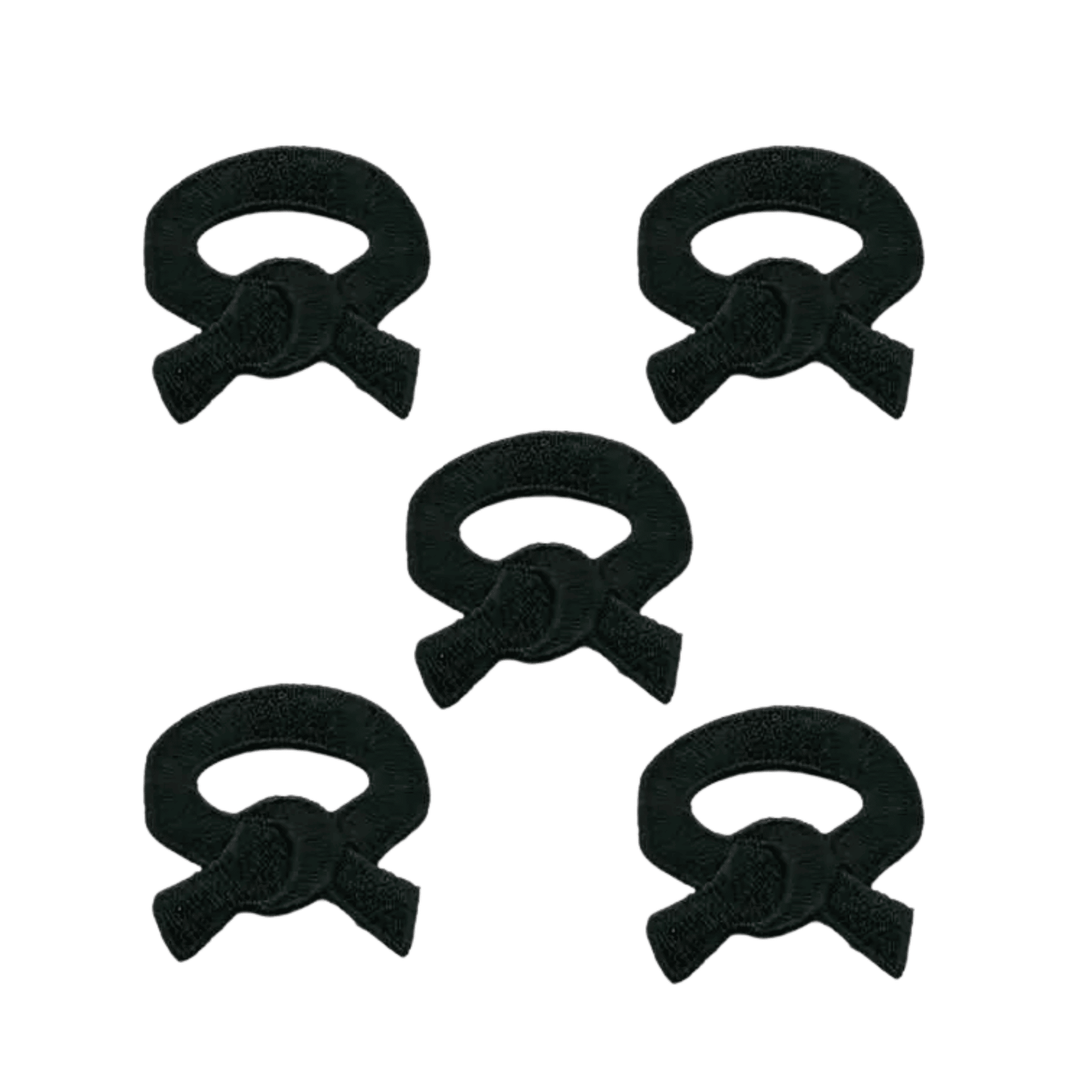 Five Laughing Lizards Black Belt (5-Packs) embroidered iron-on patches are arranged on a white background.