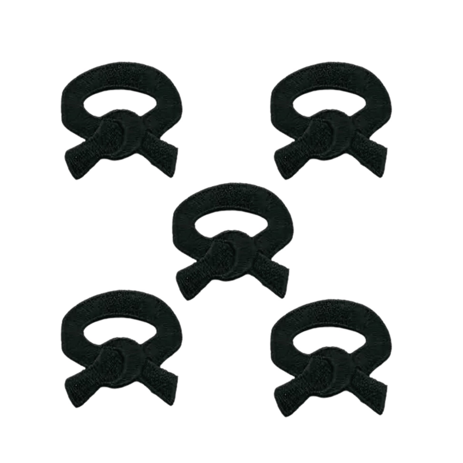 Five Laughing Lizards Black Belt (5-Packs) embroidered iron-on patches are arranged on a white background.