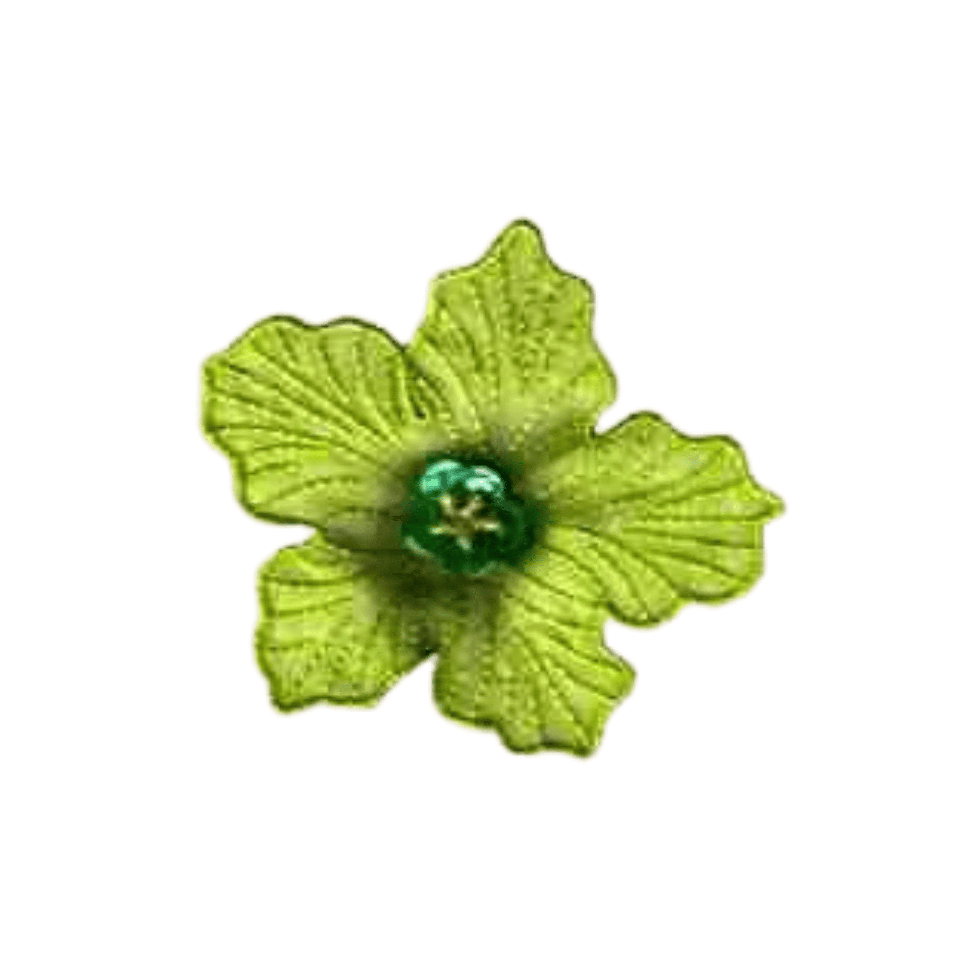 The LaughingLizards Green Chiffon Flower Iron On Floral Patch features five petals, textured leaves, and a green bead cluster center on white—an elegant embroidered applique for any project.