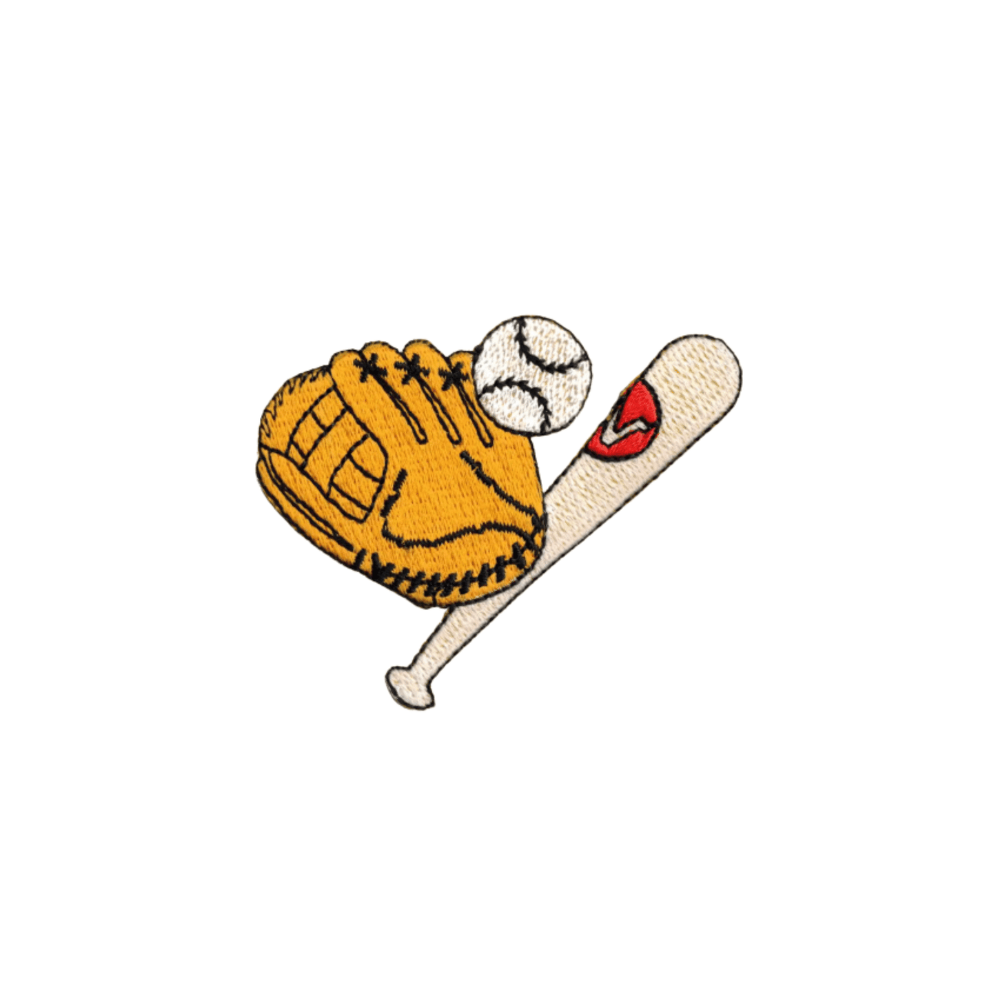 The Laughing Lizards Glove, Ball and Bat Gear (3-Pack) Iron On Sports Patch features a yellow baseball glove, white ball, and beige bat with a red logo—perfect for your next DIY sports craft.