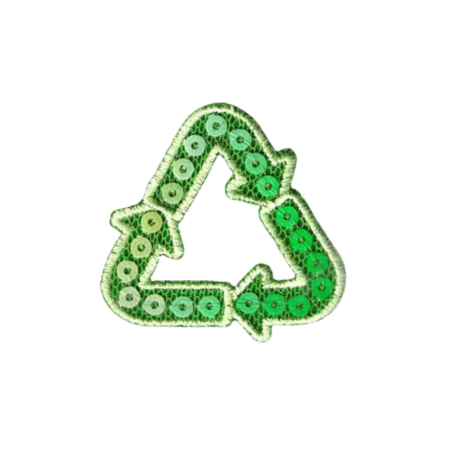 The Laughing Lizards Int'l Recycling Symbol Ecology (5-Pack) Iron On Patch features green sequined embroidered arrows forming a triangle on white, perfect for eco-friendly style.