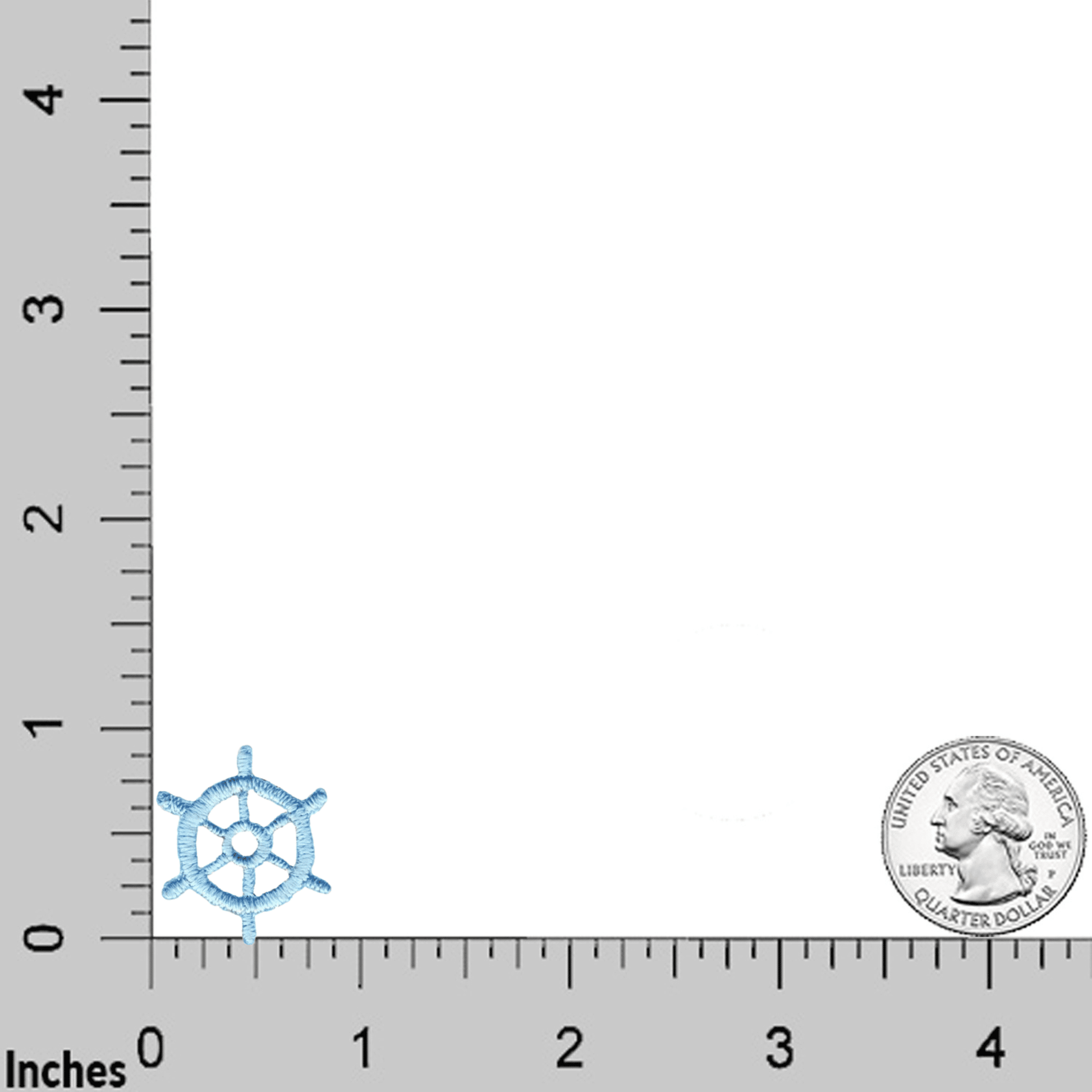 The Tiny Nautical Wheel (5-Pack) Iron on Patch by Laughing Lizards, shown in light blue, is displayed with a U.S. quarter and an inch ruler on a white background for scale, resembling an embroidered applique.