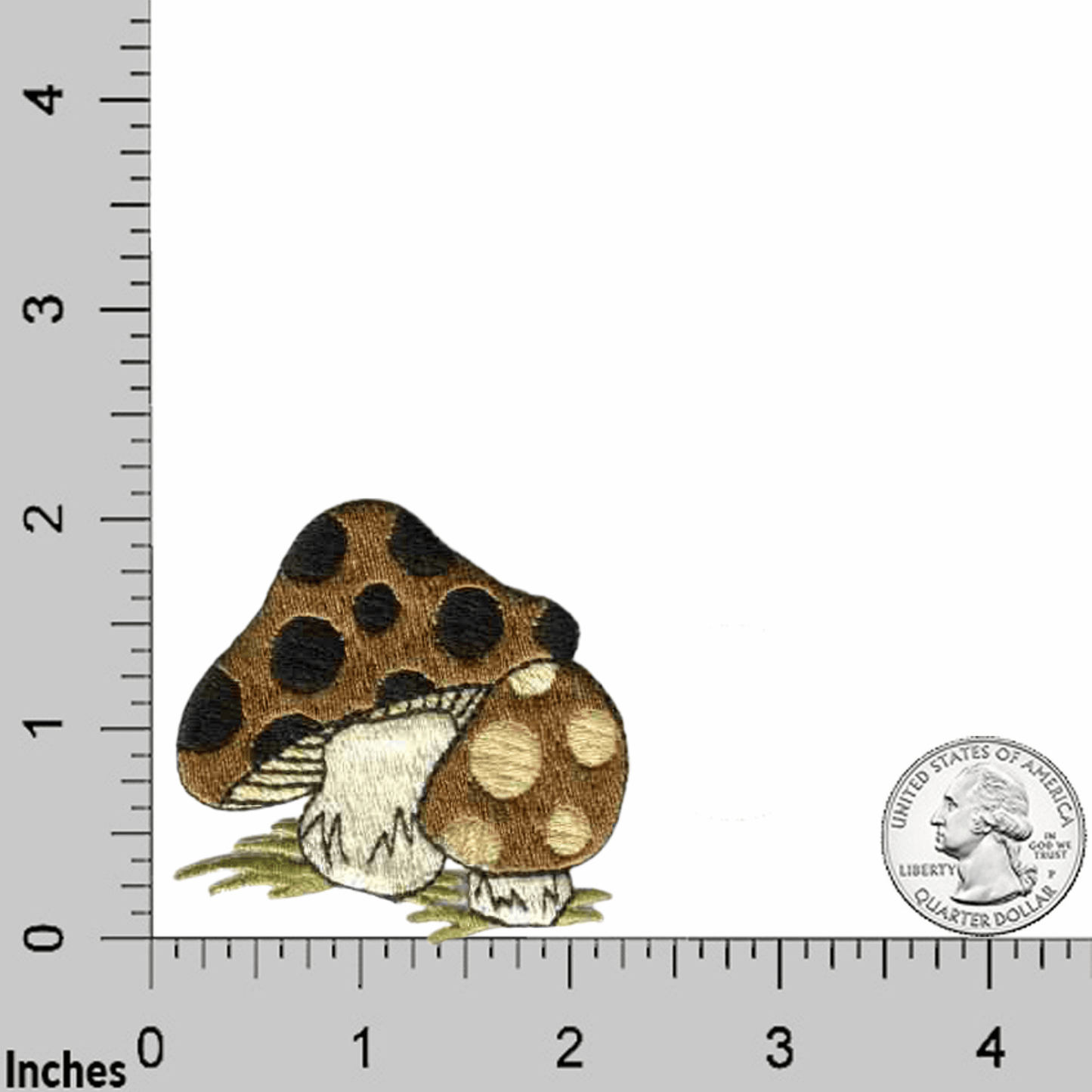 An image of the Polka Dots Mushrooms Patches (3-Pack) Mushroom Iron On Patch Applique with a ruler next to it.