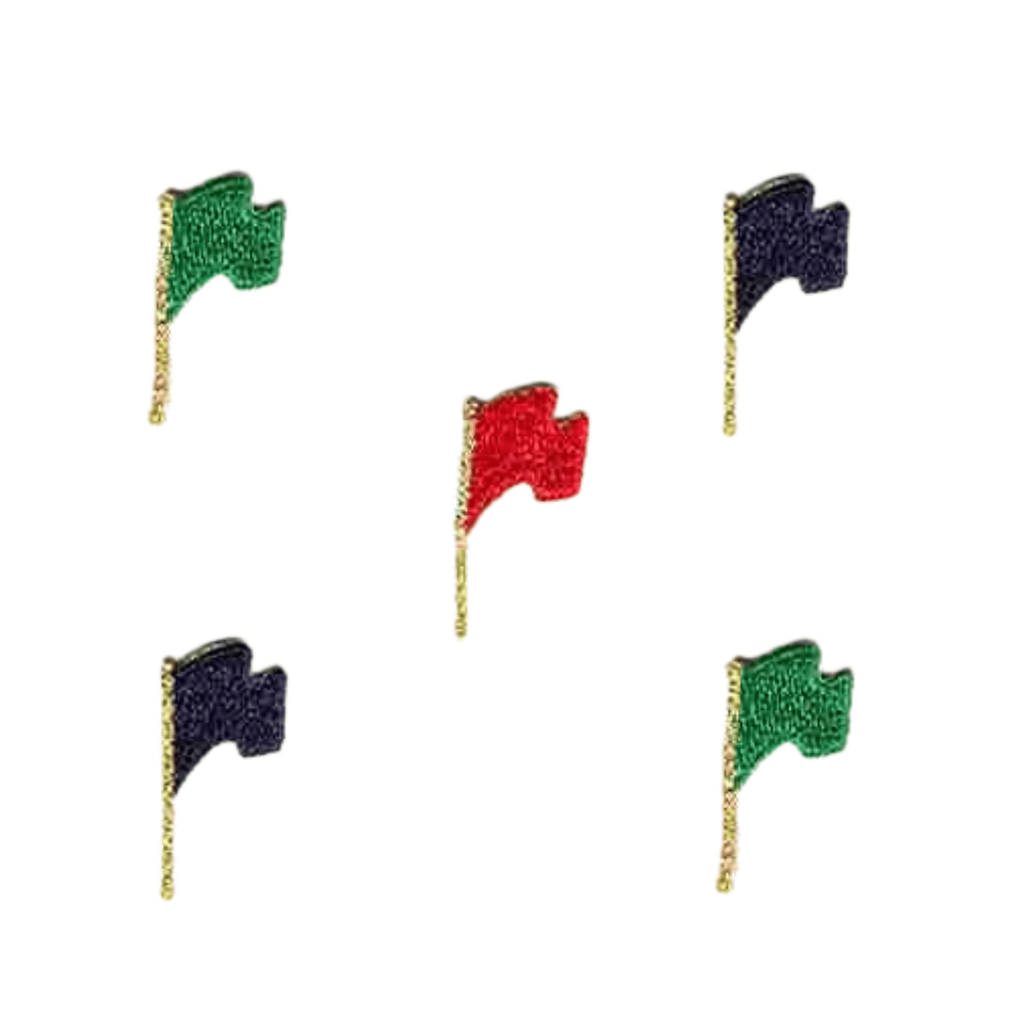 The Golf Flag (5-Pack) Iron On Patch by LaughingLizards features dark blue, green, and a red flag—ideal inspiration for DIY golf patches or craft projects.