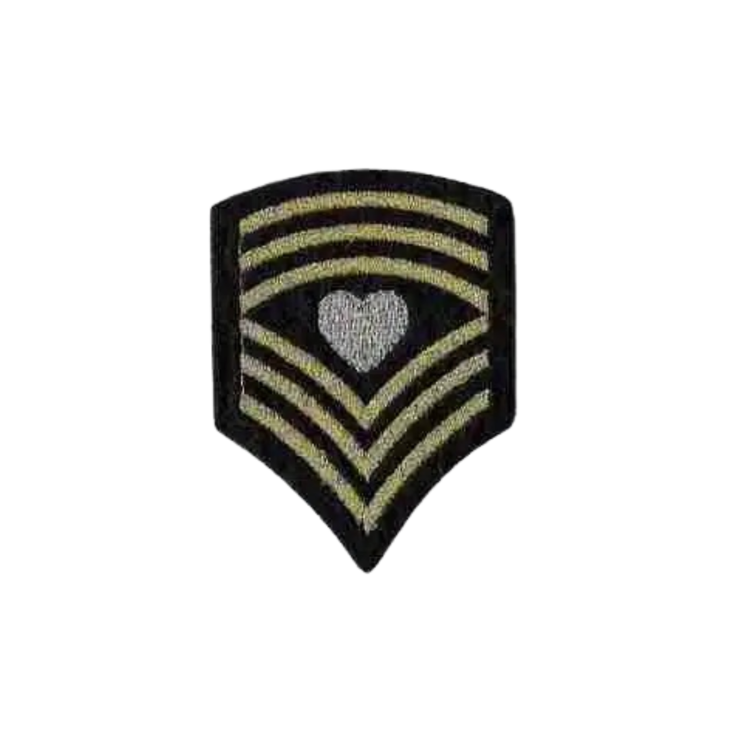 The Laughing Lizards Sergeant Heart Chevron (3-Pack) Patch in Black features three gold chevrons and a white heart, finely embroidered on black fabric.