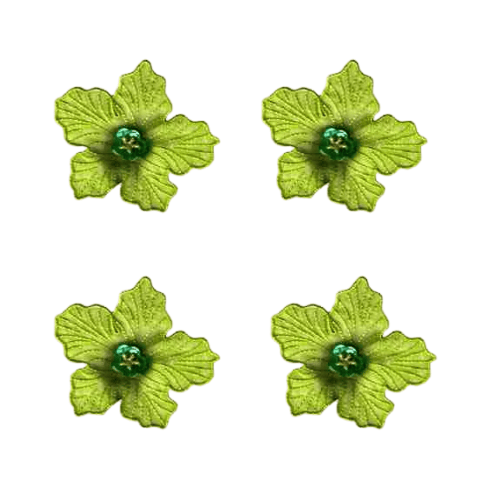 Four green chiffon flower iron-on floral patches by LaughingLizards, each with textured embroidery and beaded centers, are arranged in a square on a white background.