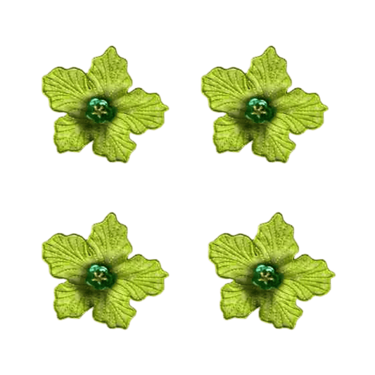 Four green chiffon flower iron-on floral patches by LaughingLizards, each with textured embroidery and beaded centers, are arranged in a square on a white background.