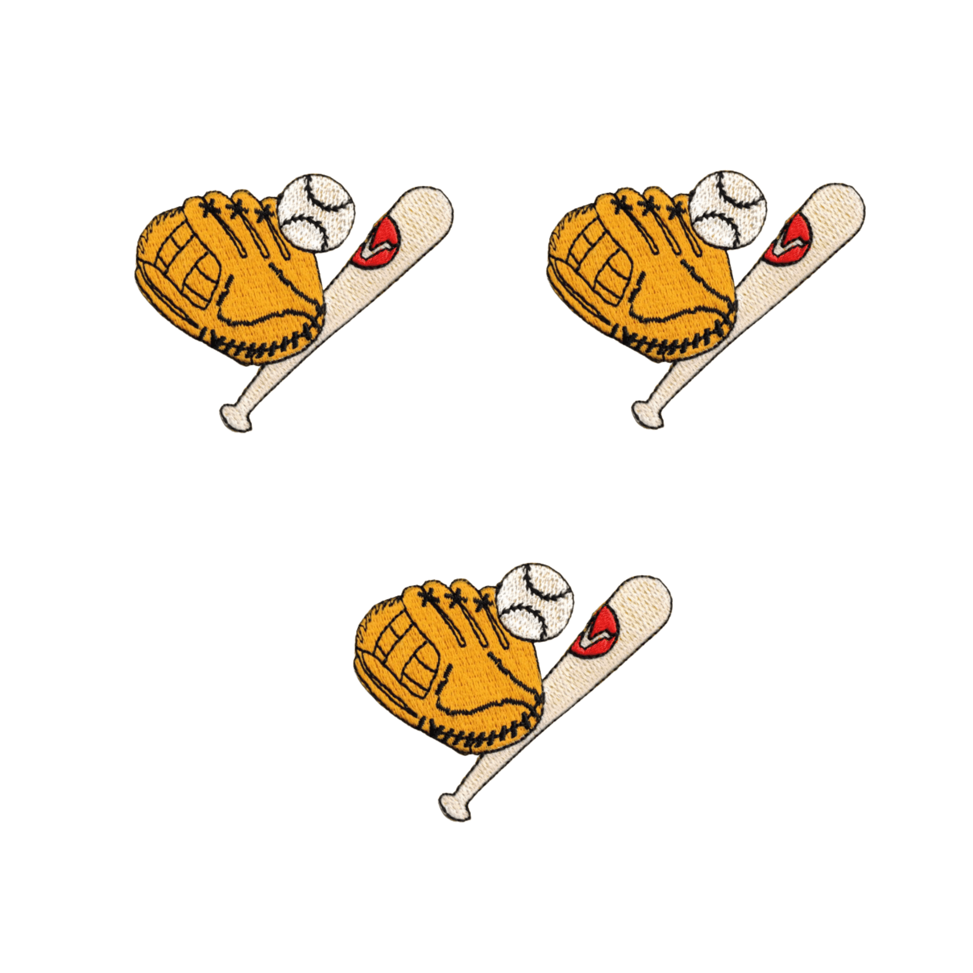 Laughing Lizards Glove, Ball and Bat Gear (3-Pack) Iron On Sports Patch features three identical sports illustrations, ideal for DIY crafts or adding a sporty touch to your apparel.