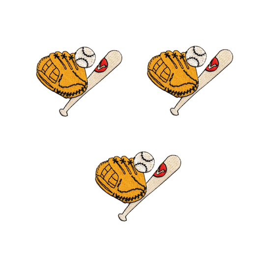 Laughing Lizards Glove, Ball and Bat Gear (3-Pack) Iron On Sports Patch features three identical sports illustrations, ideal for DIY crafts or adding a sporty touch to your apparel.