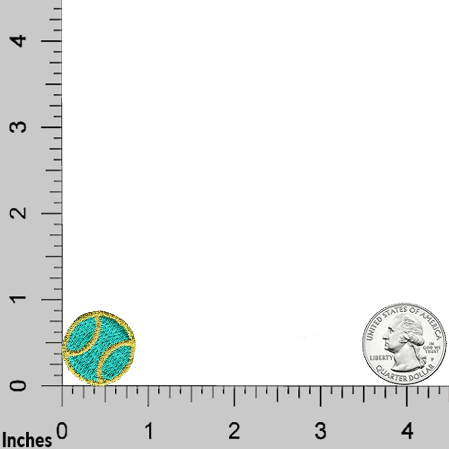 The Laughing Lizards Tiny Tennis Ball (5-Pack) Sport Iron on Patch - Green is shown by a U.S. quarter on an inch ruler for size—ideal for customizing kids' clothing or gear.