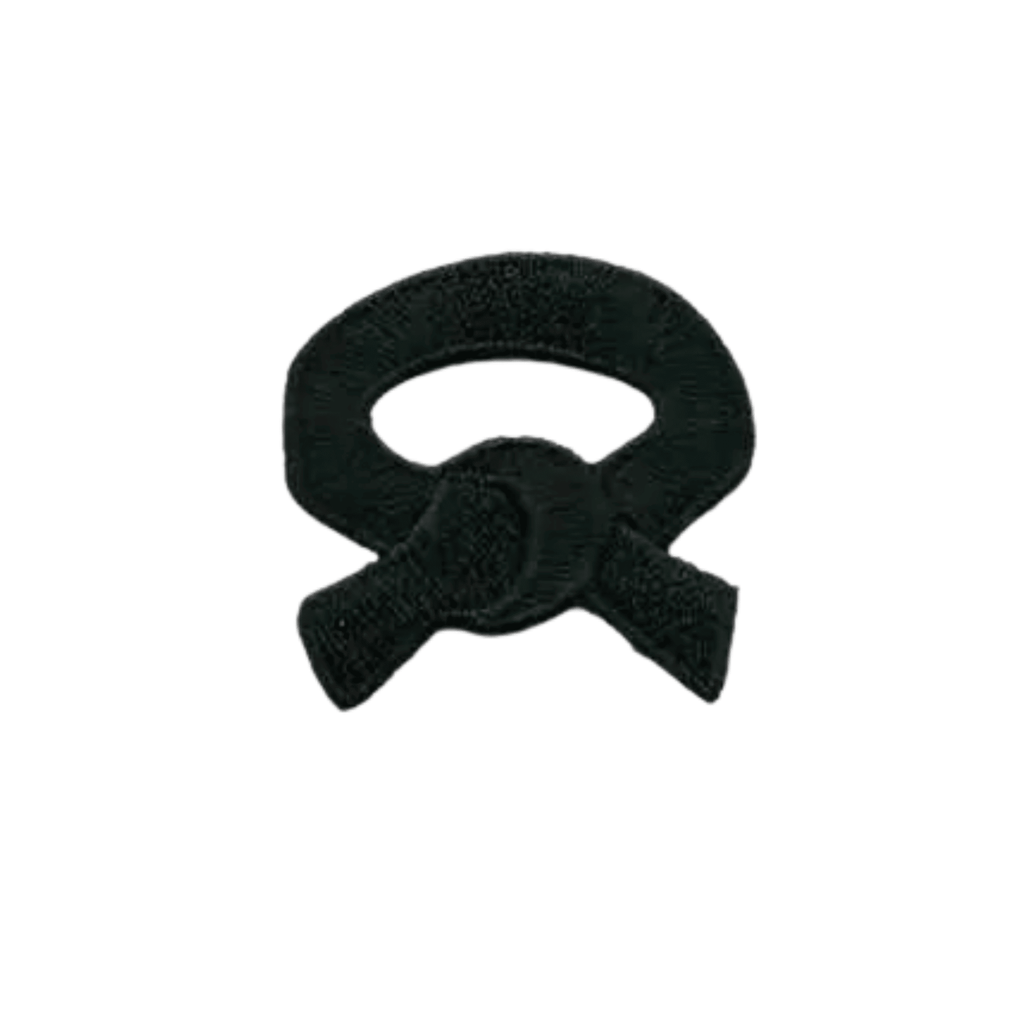 The Laughing Lizards Black Belt (5-Packs) Embroidered Iron On Patch features a black ribbon-shaped design with a circular top and crossed ends on a white background—ideal for martial arts uniforms.
