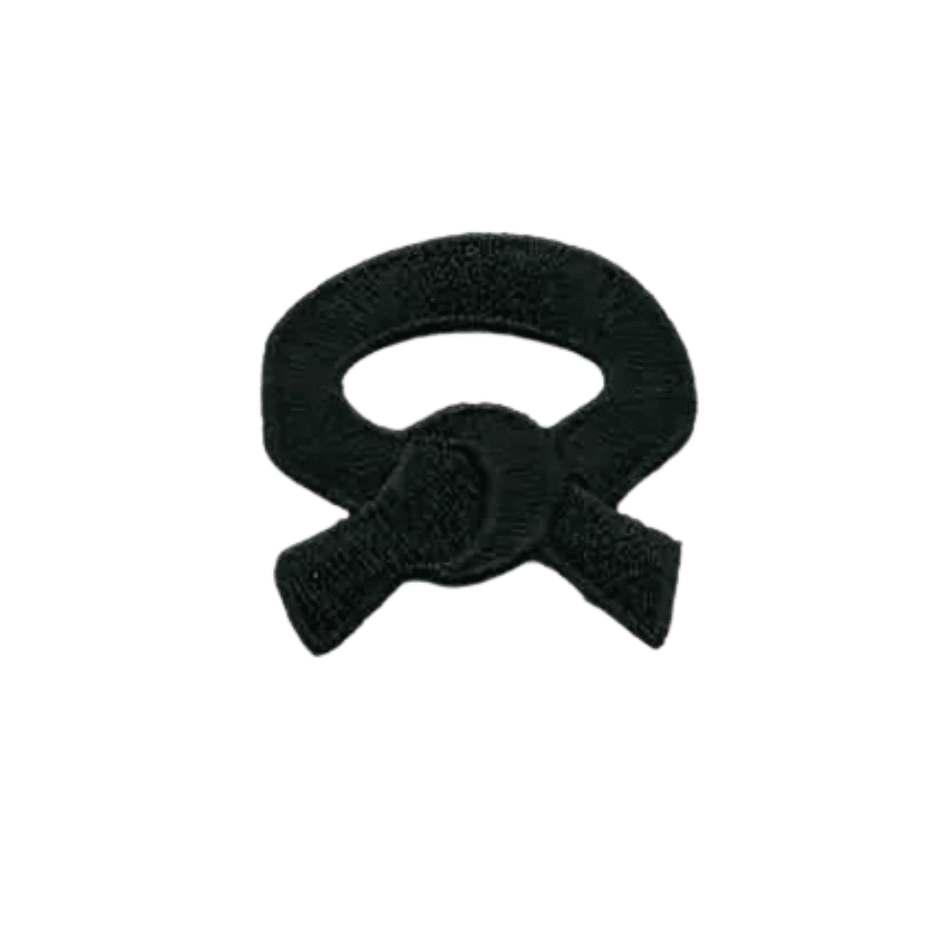 The Laughing Lizards Black Belt (5-Packs) Embroidered Iron On Patch features a black ribbon-shaped design with a circular top and crossed ends on a white background—ideal for martial arts uniforms.