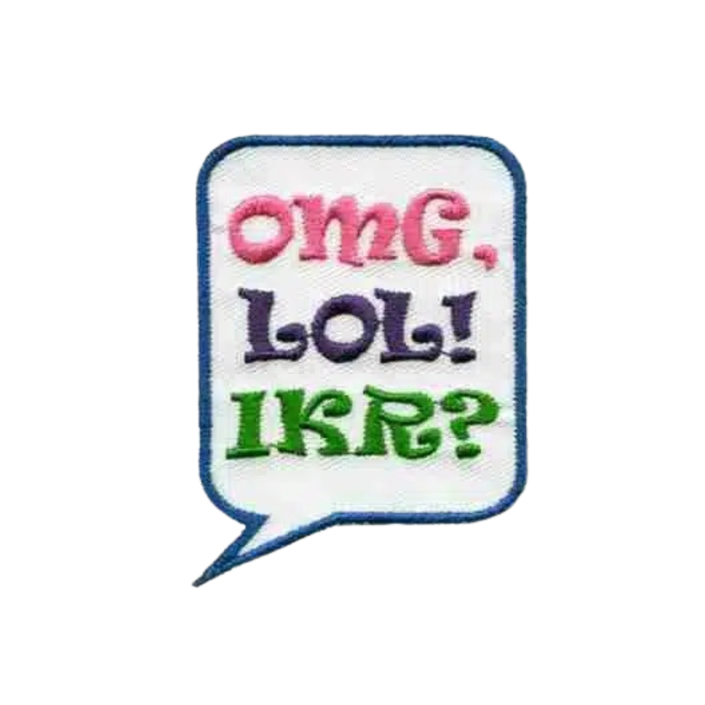 The Laughing Lizards "Texting Friends" (2-Pack) Iron on Patch features a white speech bubble with "OMG, LOL! IKR?" in pink, purple, and green—cute for decorating bags or jackets.