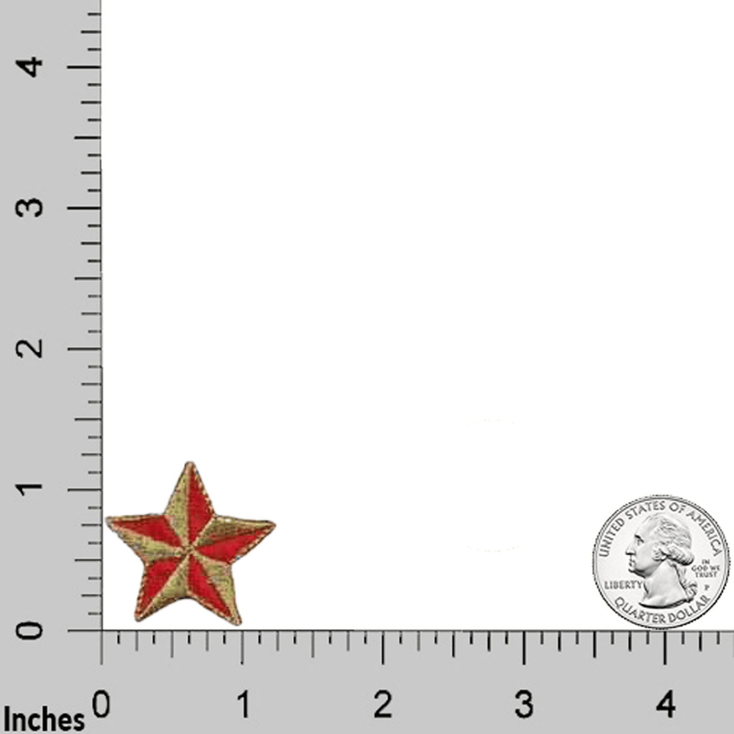 A red and gold Star Patches (10-Pack) Red Nautical 1.75 Embroidered Iron on Patch Appliques embroidered on a ruler.