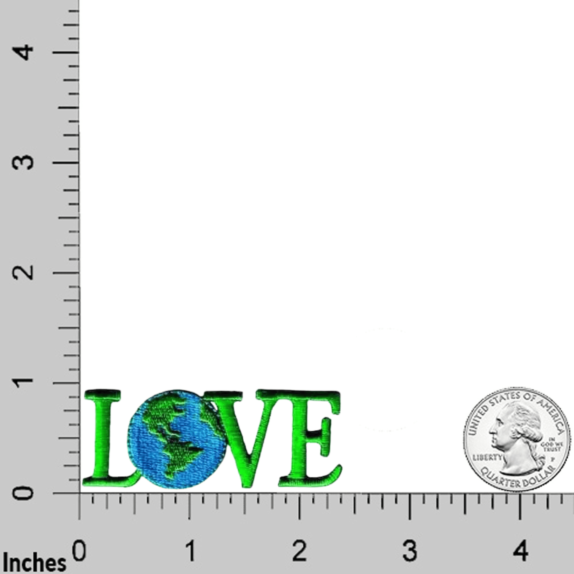 The Laughing Lizards LOVE Earth (3-Pack) Environmental Iron On Patch features "LOVE" with Earth as the "O," shown next to a U.S. quarter for scale, with inch markings on the left and bottom edges.