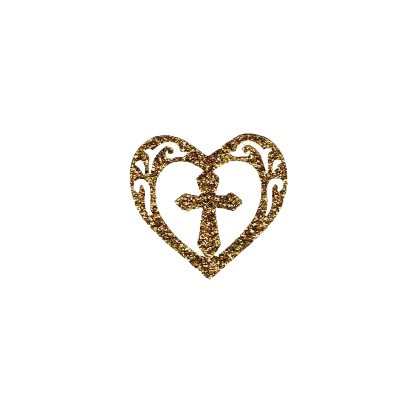 The Laughing Lizards Gold Glitter Cross in Heart (4-Pack) Iron On Patch features a gold glitter heart outline with decorative swirls and a central gold cross, creating a stunning Christian design on a plain white background.