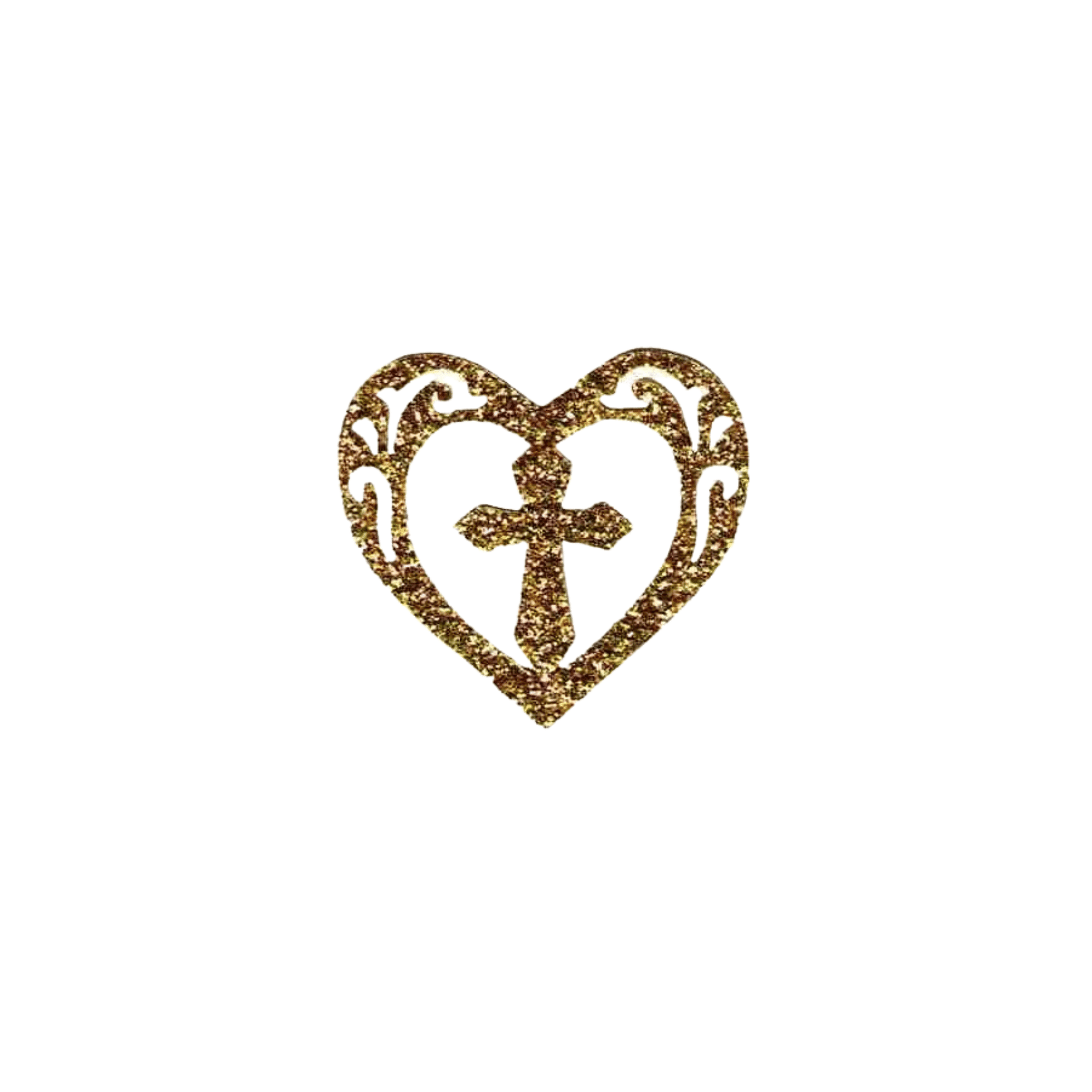 The Laughing Lizards Gold Glitter Cross in Heart (4-Pack) Iron On Patch features a gold glitter heart outline with decorative swirls and a central gold cross, creating a stunning Christian design on a plain white background.