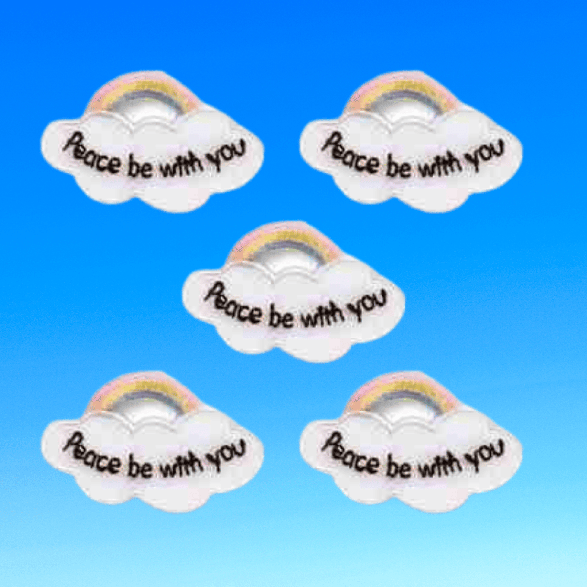 The Laughing Lizards Rainbow Cloud with "Peace Be With You" (5-Pack) embroidered iron-on patches are perfect for gifting or adding Christian-inspired decor to your space.