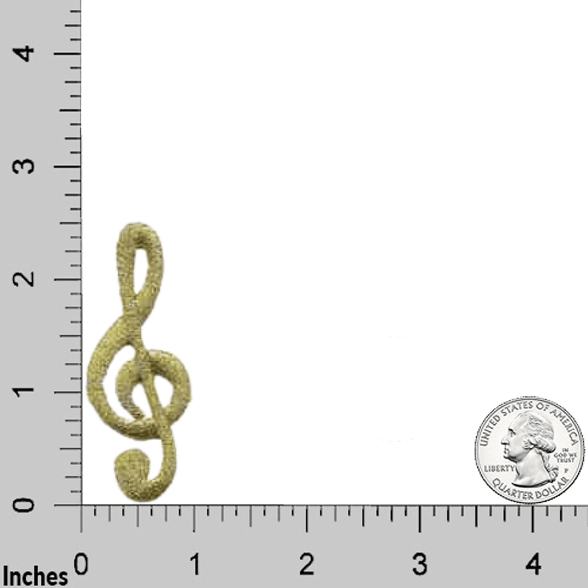 The LaughingLizards Metallic Gold Treble Clef (5-Pack) Iron On Patch: Medium is shown next to a U.S. quarter and ruler in inches for size reference—ideal for adding a musical touch to uniforms.