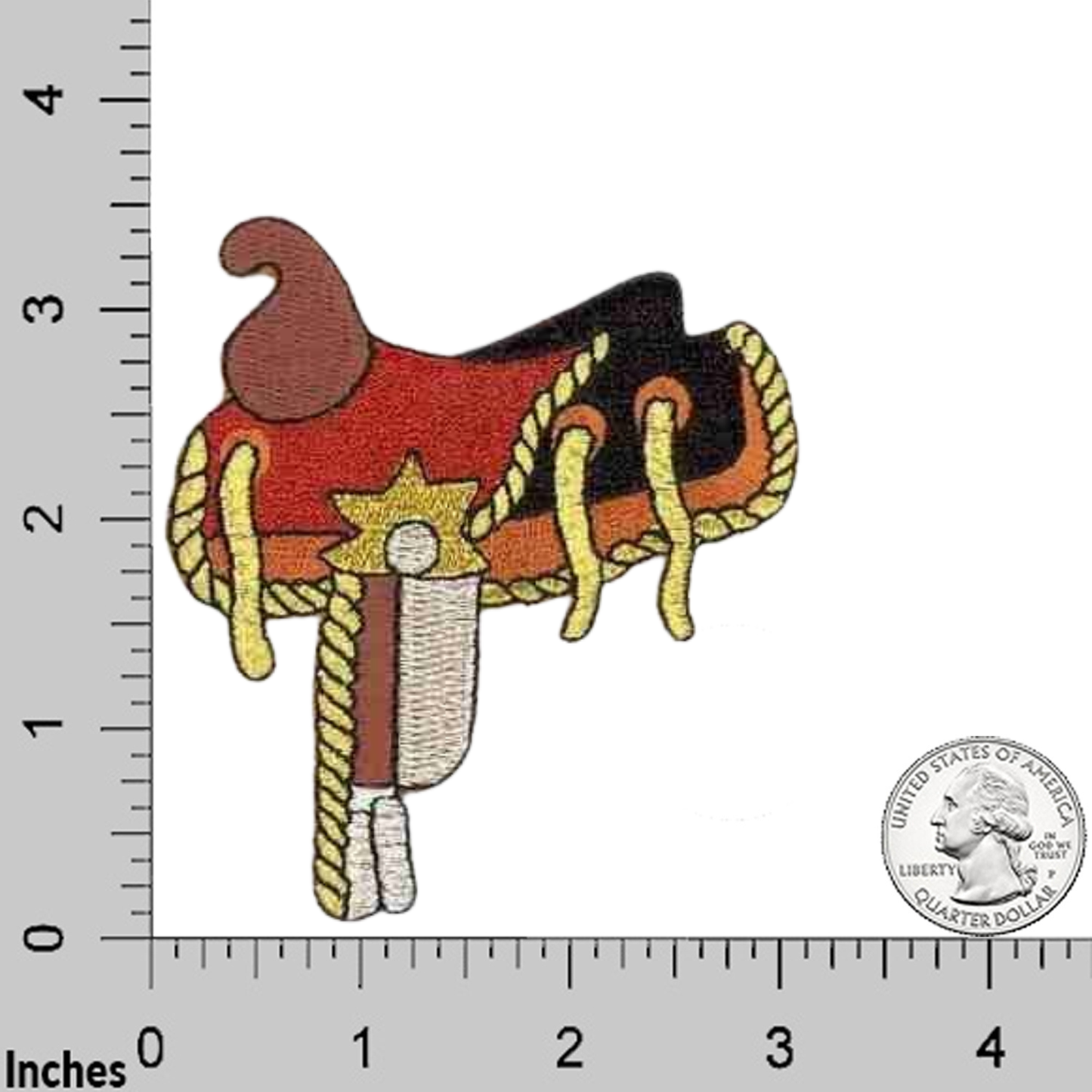 The Laughing Lizards Metallic Thread Western Saddle (3-Pack) Iron on Patch features a red and brown saddle with metallic accents and a silver spur, shown beside a ruler and U.S. quarter for scale.