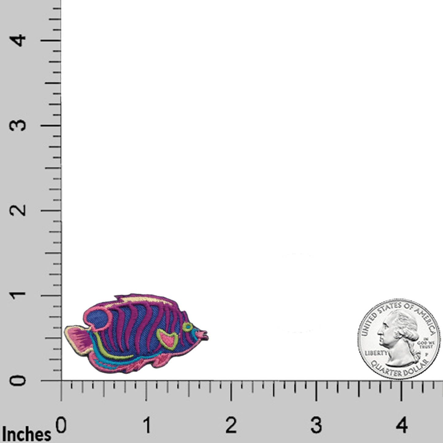 A Tropical Fish Sea Life (4-Pack) Iron On Patch by LaughingLizards is shown next to a U.S. quarter on a grid with inch markings for scale.