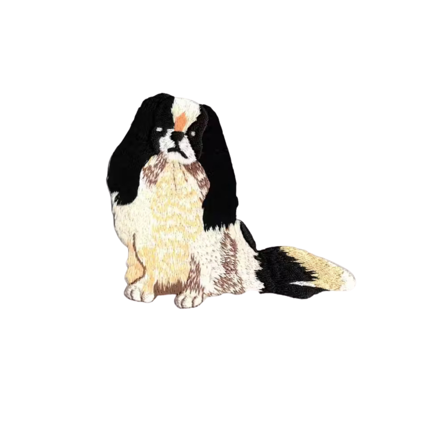 Charming illustration of a small Japanese Chin dog—black and white, sitting forward on white—featured in LaughingLizards' Japanese Chin Dog (3 Pack) Iron On Patch, perfect for collectors or pet lovers.