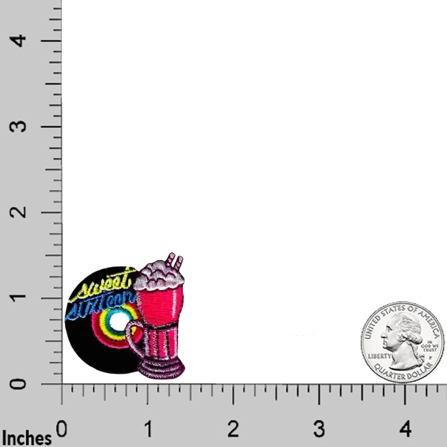 Laughing Lizards Sweet Sixteen Iron On 50's Patch (3-Pack) features retro record and pink milkshake designs with "Sweet on You." Ideal for sweet sixteen gifts or 50s/60s DIY crafts. Shown beside a U.S. quarter and ruler for size reference.