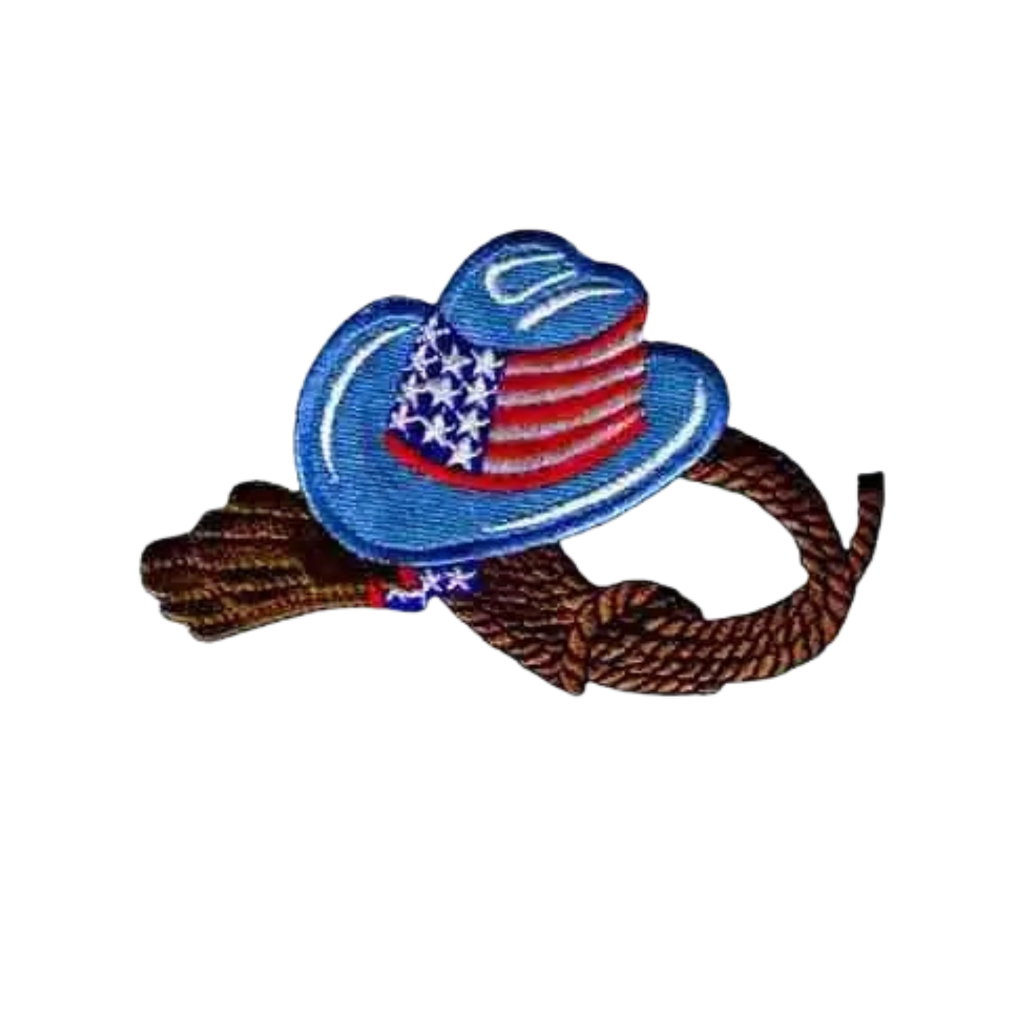 The Laughing Lizards Cowboy Hat with Rope and Gloves Western (2-Pack) Iron on Patch features a blue and red hat with an American flag design resting on a coiled rope—ideal for adding patriotic cowboy style to your look.