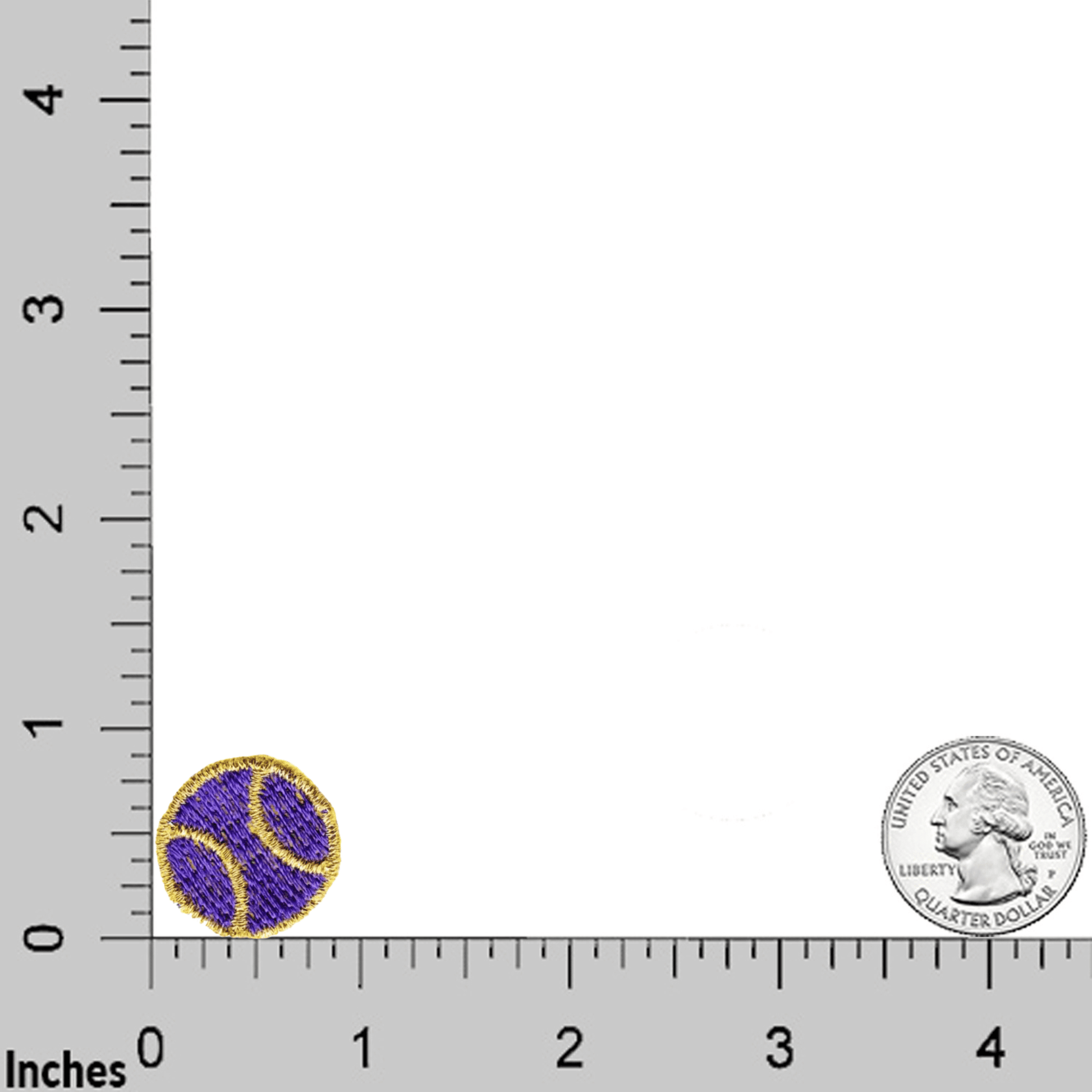 A Tiny Tennis Ball (5-Pack) Sport Iron On Patch in purple by Laughing Lizards is shown next to a U.S. quarter on a background with inch rulers for scale.