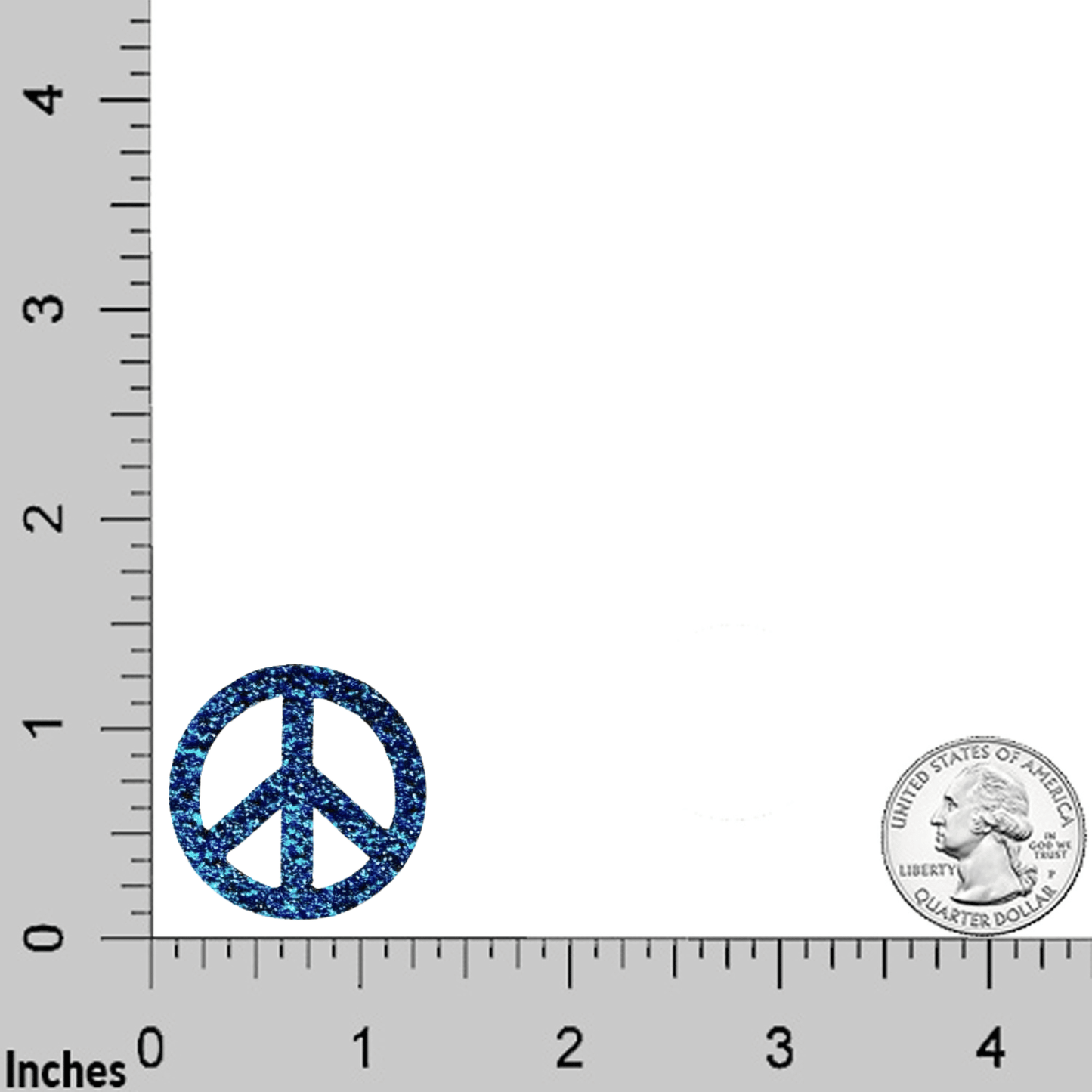 A Laughing Lizards Small Blue Glitter Peace Sign (5-Pack) Iron On Patch and a U.S. quarter are displayed on a white background with an inch ruler along the left and bottom edges for scale.