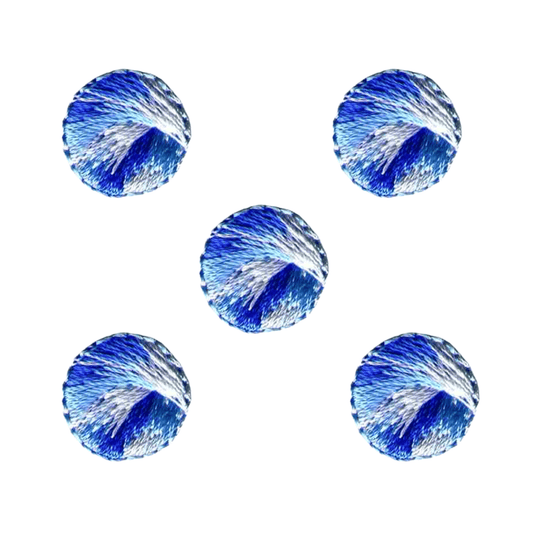 Five Laughing Lizards "Ball of Yarn for Cats" iron-on patches (5-pack), featuring blue and white textured designs, are arranged in an X pattern on a white background.