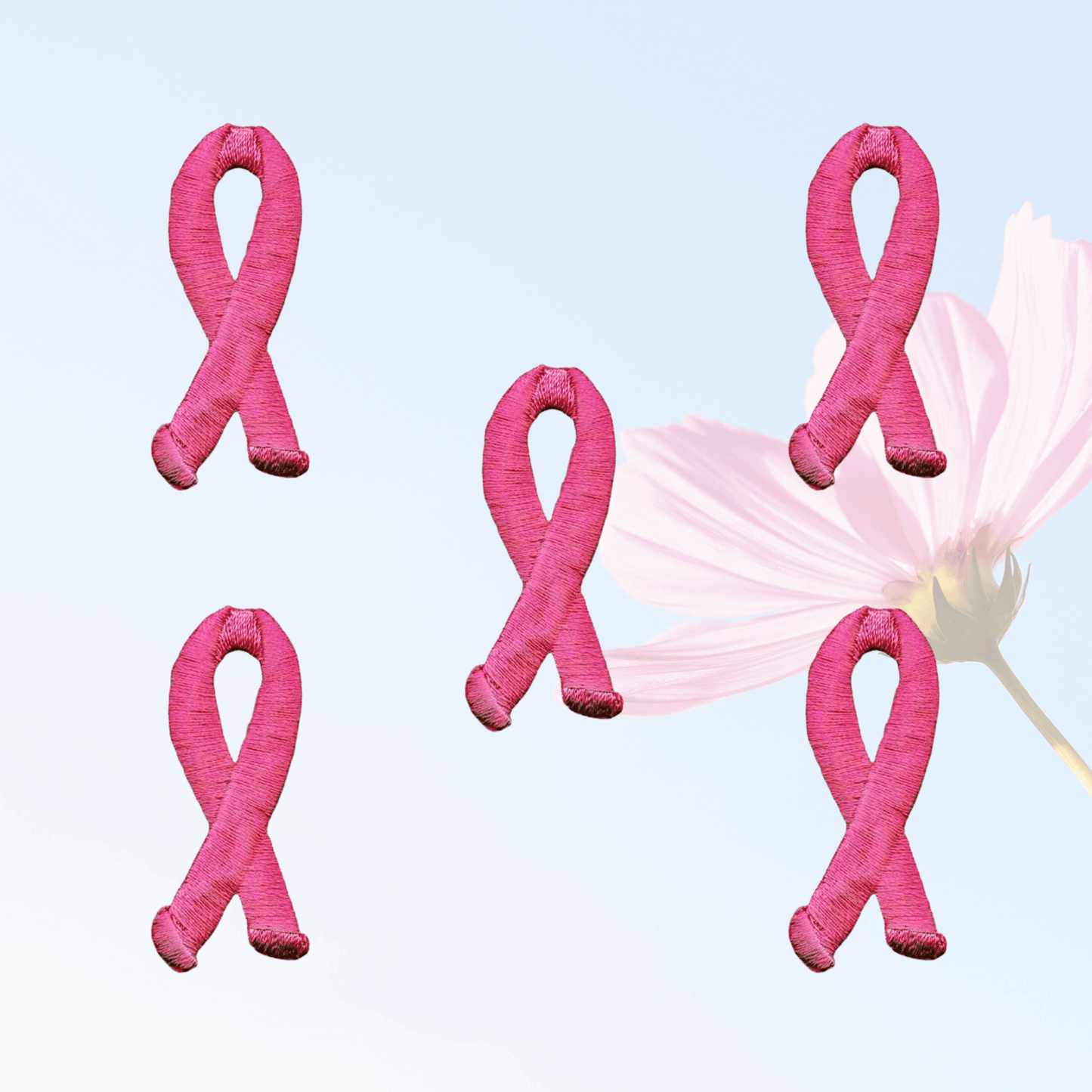 Five Breast Cancer Patches (5-Pack) Awareness Embroidered Iron On Patch Applique 2" with a flower in the background.
