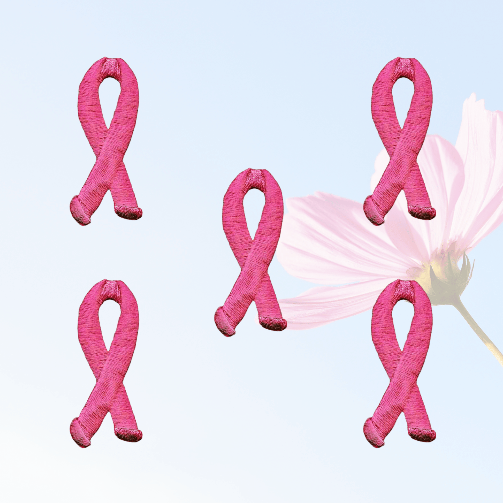 Five Breast Cancer Patches (5-Pack) Awareness Embroidered Iron On Patch Applique 2" with a flower in the background.