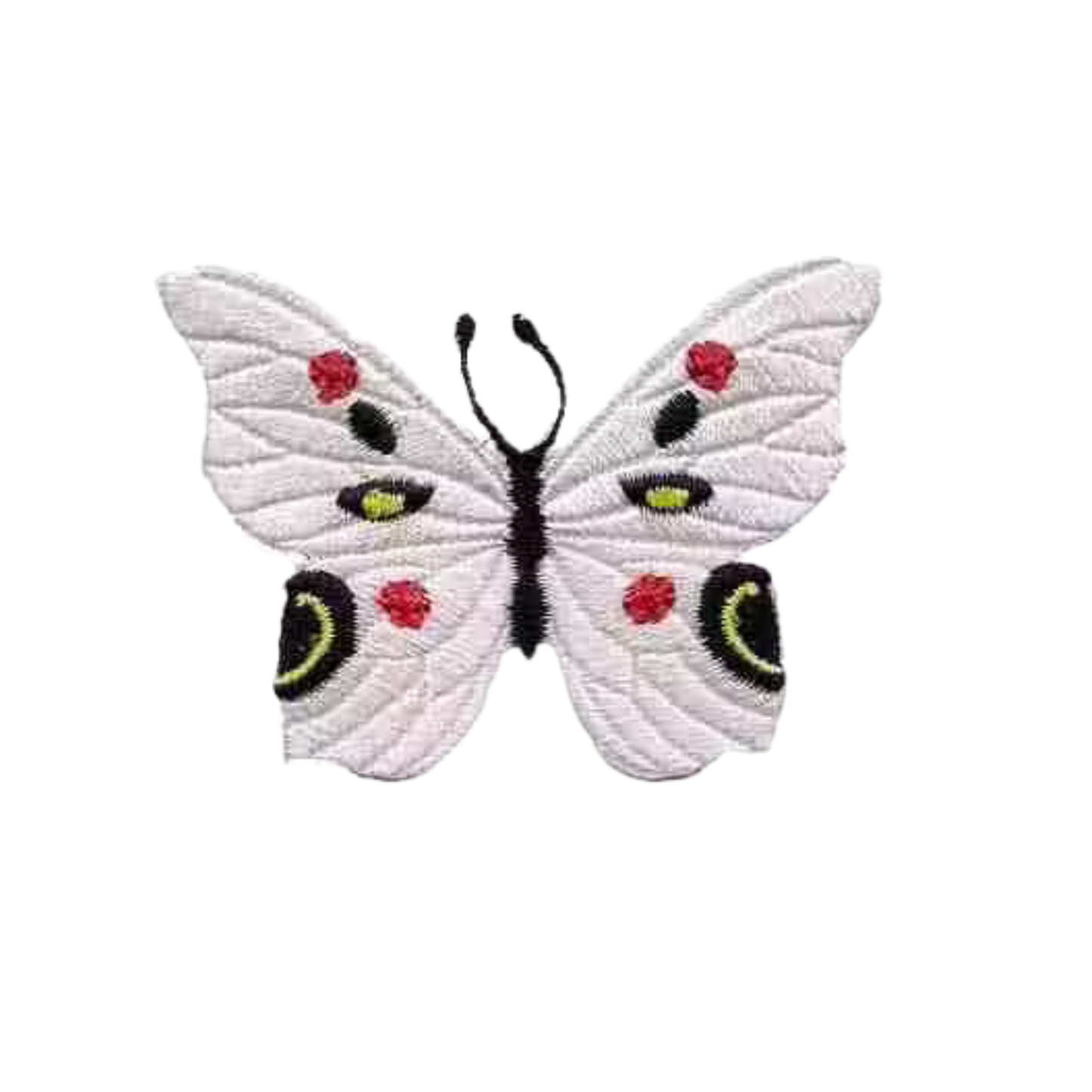 Add a touch of elegance with Laughing Lizards’ White and Red Butterfly (3 Pack) Iron on Patch—Japanese-inspired, featuring white wings with black markings, red accents, and yellow spots. Ideal as embroidered appliques for clothing or accessories.