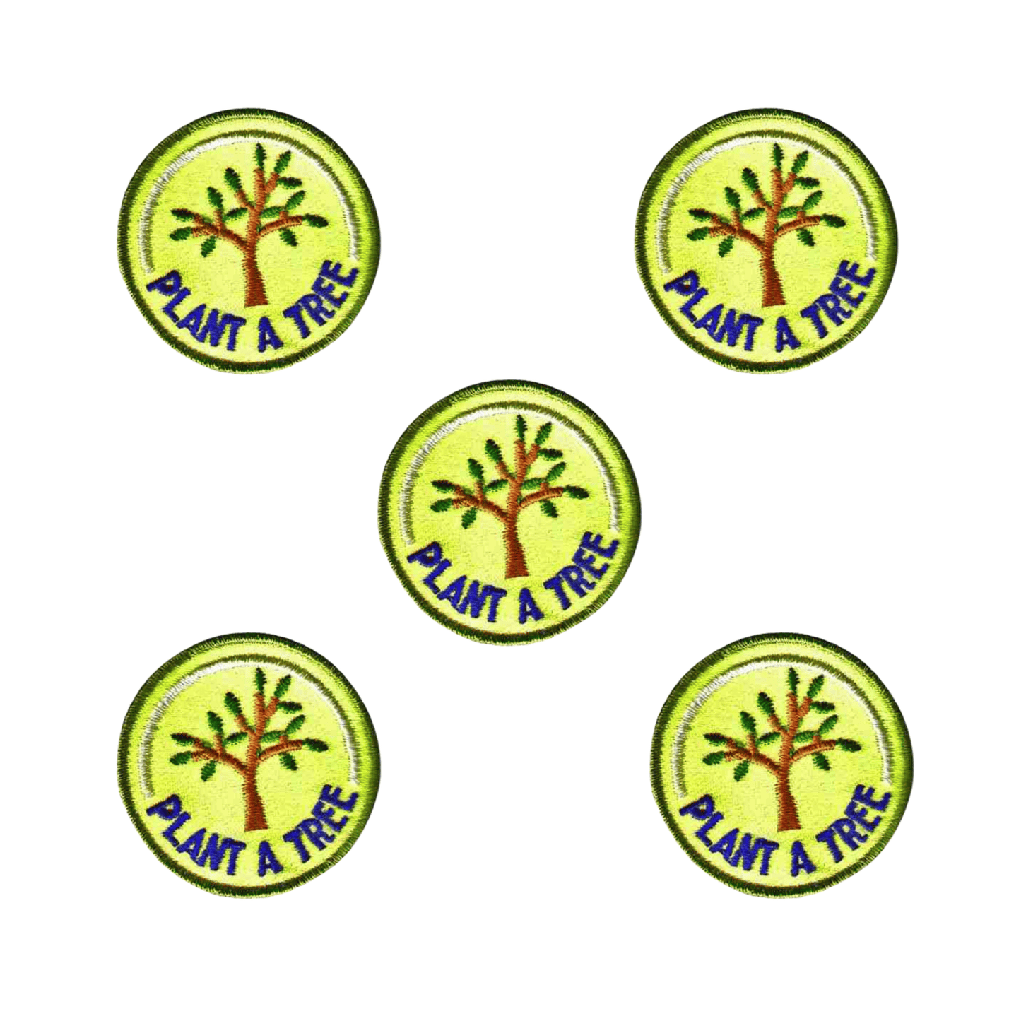 The Laughing Lizards Plant A Tree (5-Pack) Iron On Patch features tree images and "PLANT A TREE" text, ideal for promoting environmental awareness. Perfect for adding eco-friendly style to your gear.