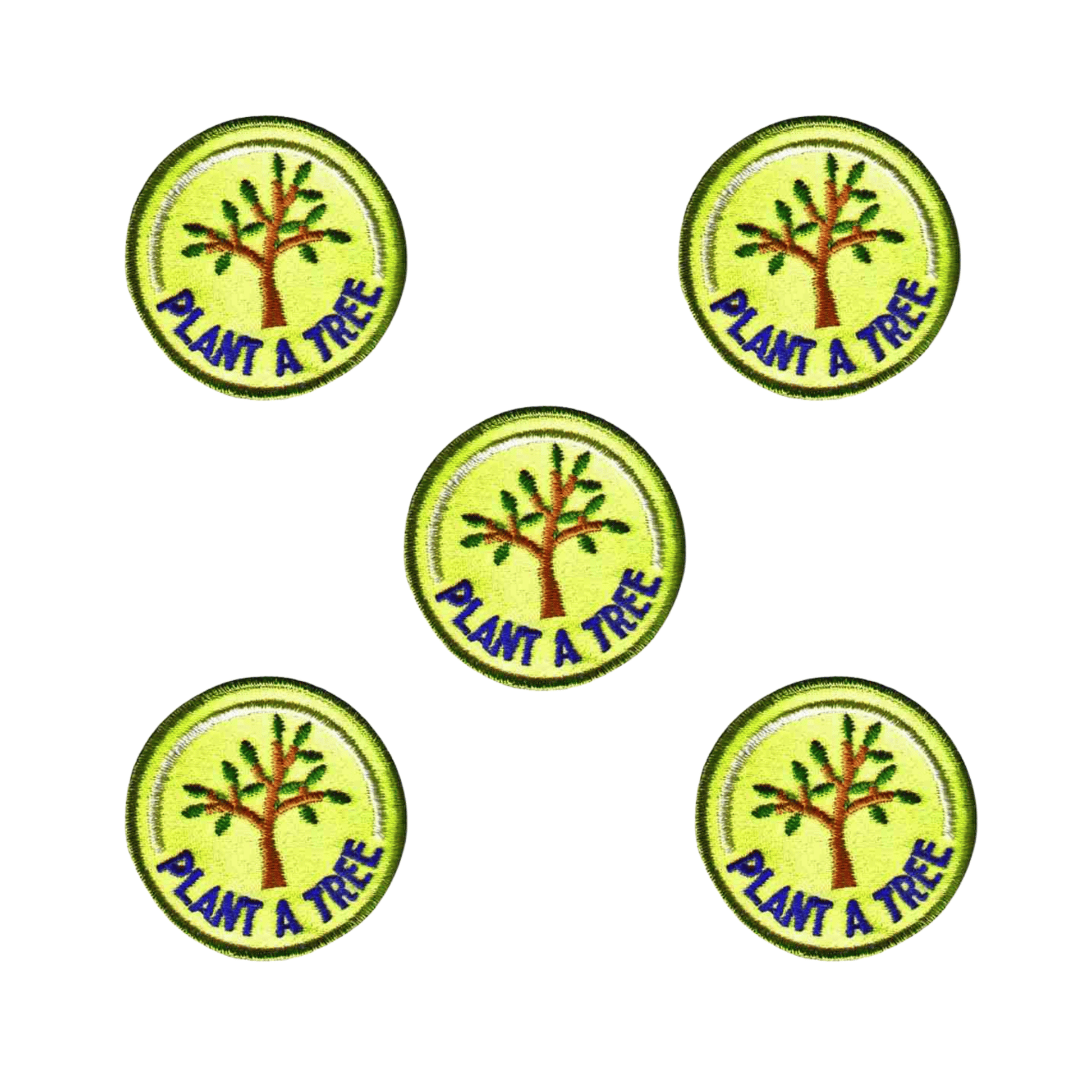 The Laughing Lizards Plant A Tree (5-Pack) Iron On Patch features tree images and "PLANT A TREE" text, ideal for promoting environmental awareness. Perfect for adding eco-friendly style to your gear.